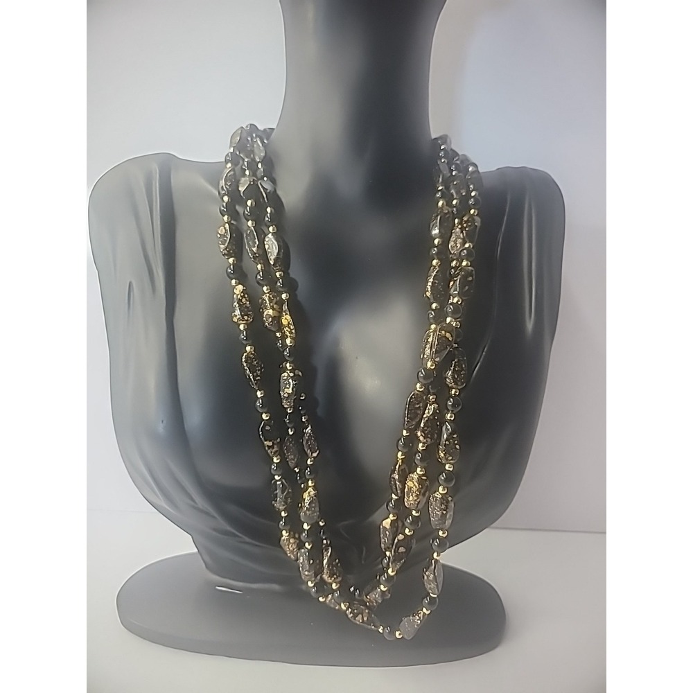 Vintage Necklace Beaded Multi Strand Black Gold Tone Splatter Jewelry‎ Costume